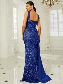 Missord Contrast Sequins Draped Side Split Thigh Cami Dress - Royal Blue - View 2