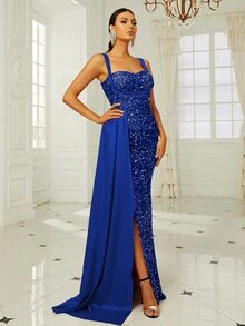 Missord Contrast Sequins Draped Side Split Thigh Cami Dress - Royal Blue - View 3