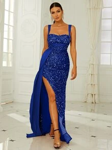 Missord Contrast Sequins Draped Side Split Thigh Cami Dress - Royal Blue - View 5