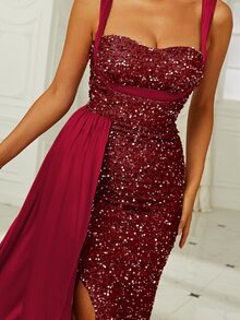 Missord Contrast Sequins Draped Side Split Thigh Cami Dress - Redwood - View 4