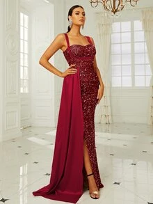 Missord Contrast Sequins Draped Side Split Thigh Cami Dress - Redwood - View 5