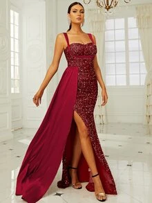 Missord Contrast Sequins Draped Side Split Thigh Cami Dress - Redwood - View 7