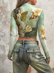 SHEIN ICON 人像圖案木耳邊短款T恤 - 薄荷綠 - 查看 2