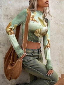 SHEIN ICON 人像圖案木耳邊短款T恤 - 薄荷綠 - 查看 3