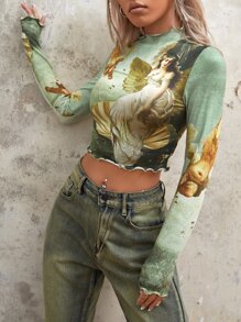 SHEIN ICON 人像圖案木耳邊短款T恤 - 薄荷綠 - 查看 5