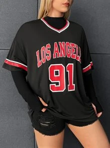 CovetEZ Plus Letter Graphic Striped Trim Drop Shoulder Tee - Black - View 1