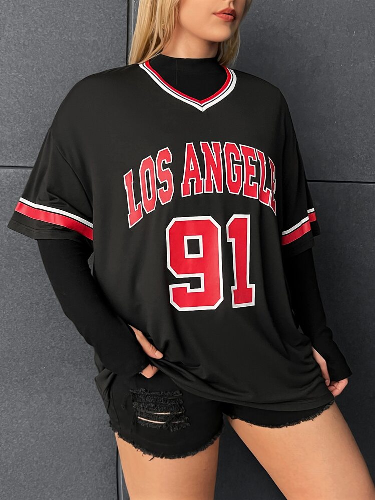 CovetEZ Plus Letter Graphic Striped Trim Drop Shoulder Tee - Black - View 1