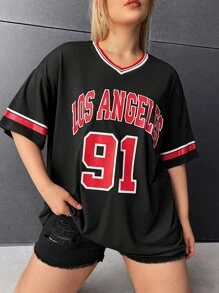 CovetEZ Plus Letter Graphic Striped Trim Drop Shoulder Tee - Black - View 3