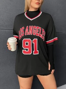 CovetEZ Plus Letter Graphic Striped Trim Drop Shoulder Tee - Black - View 4