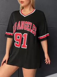 CovetEZ Plus Letter Graphic Striped Trim Drop Shoulder Tee - Black - View 5