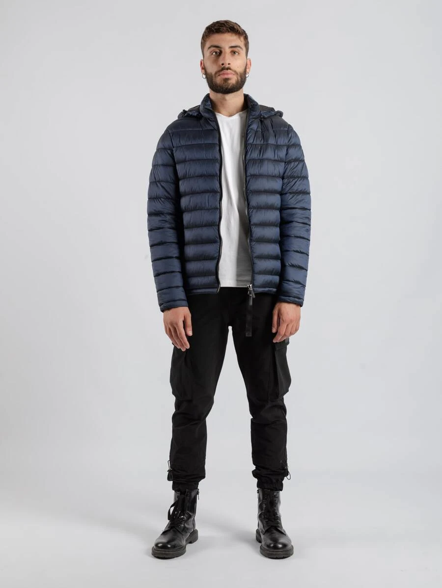 Men Zip Up Hooded Padded Coat - Navy Blue - View 1