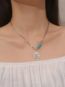 Slogan Graphic Geometric Pendant Necklace - Antique Silver - View 1