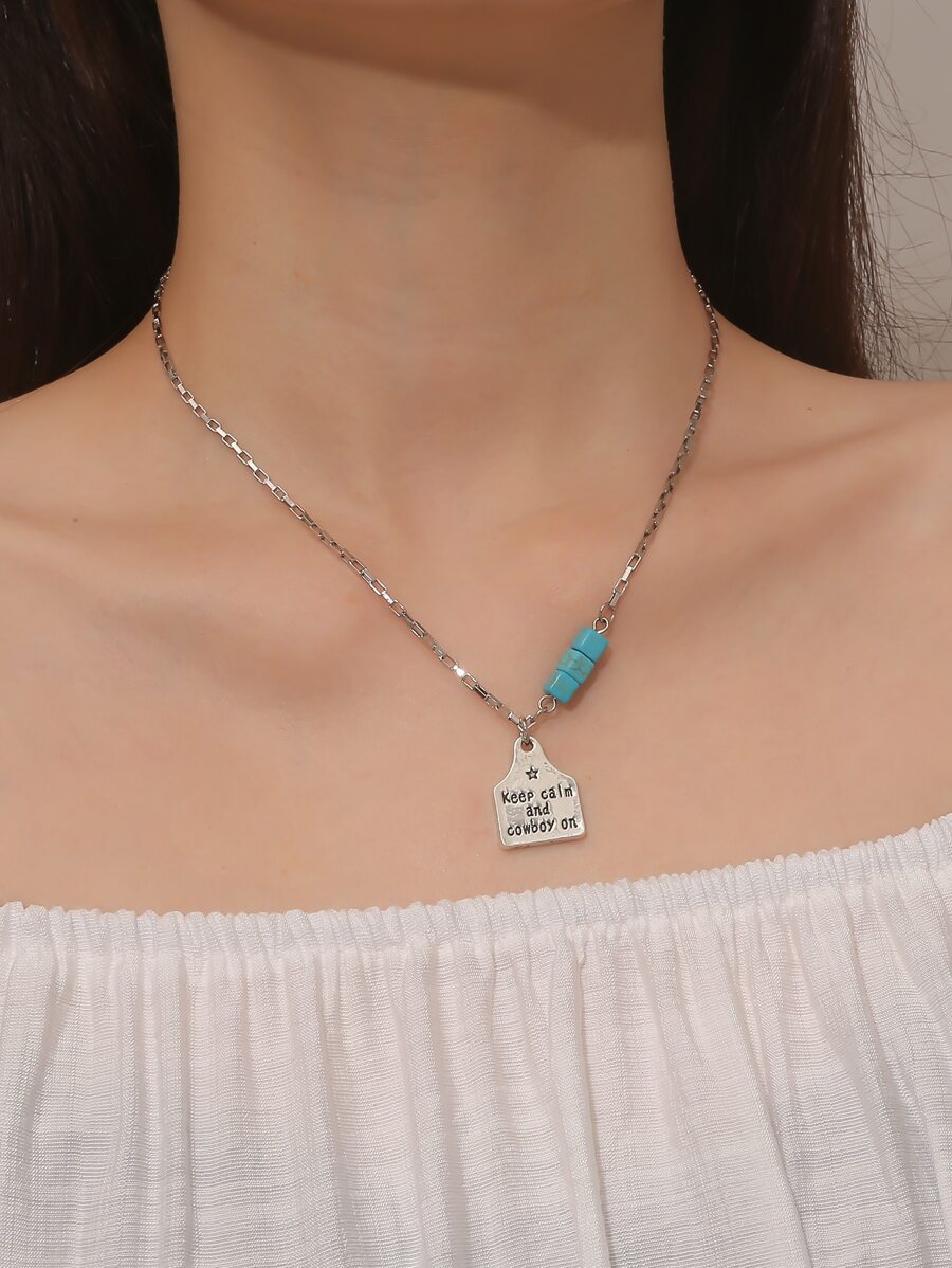 Slogan Graphic Geometric Pendant Necklace - Antique Silver - View 1