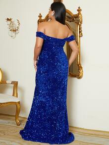 seomiscky Plus Off Shoulder Split Thigh Sequin Formal Dress - Royal Blue - View 2