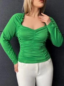 SHEIN Unity Áo thun Plus size Lộ Lưng viền lá sen Xù màu trơn Giải trí - màu xanh lá - Xem 3