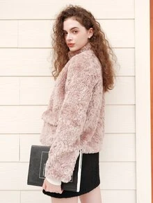 Abrigo de peluche con trenca de cuello alto - Rosa vieja - Ver 2