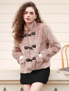 Abrigo de peluche con trenca de cuello alto - Rosa vieja - Ver 4