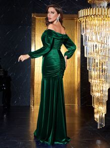 YISIKADO 一字肩褶邊絲絨舞會連衣裙 - 墨綠色 - 查看 2
