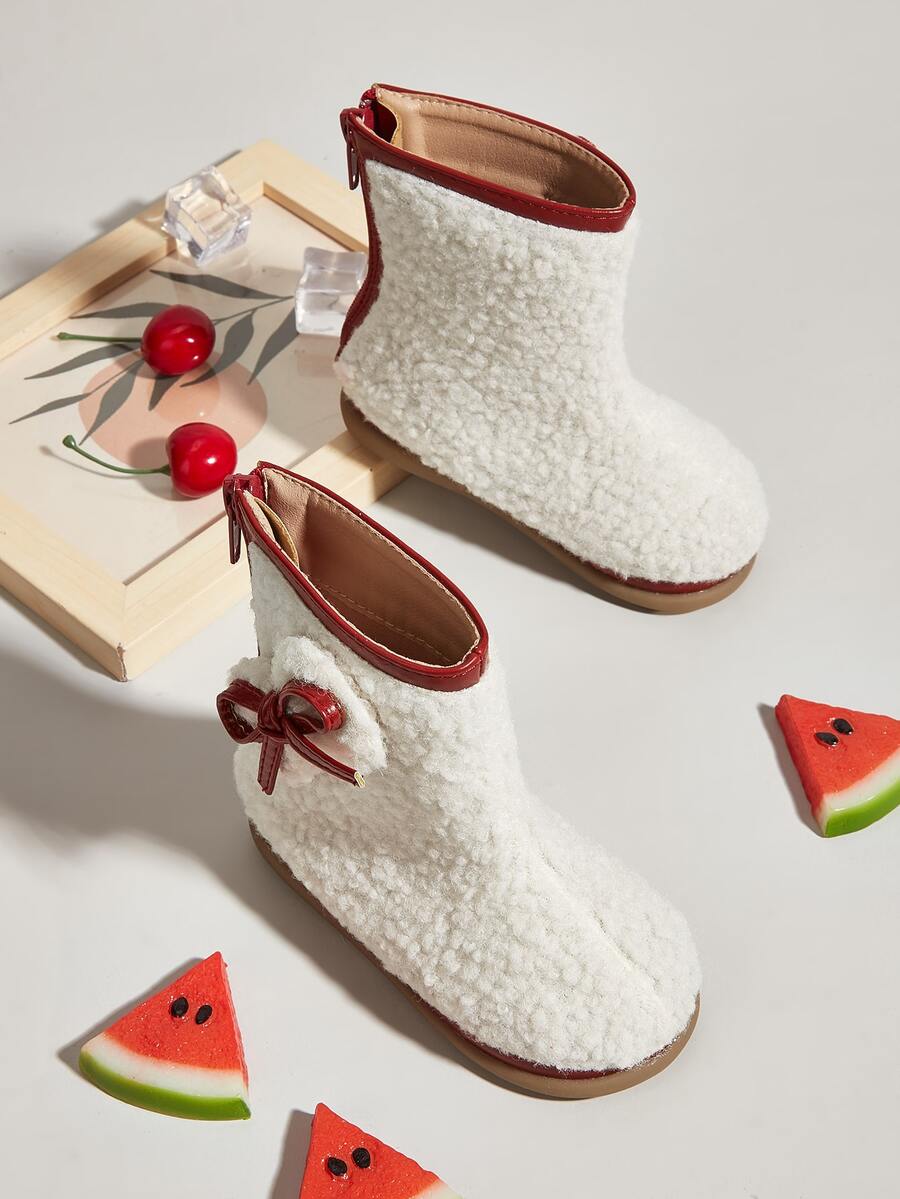 Girls Bow Decor Fluffy Snow Boots - White - View 1