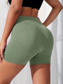 Easithlete 纯色宽带腰运动短裤女士运动短裤、健身短裤、骑行短裤 - 綠色 - 查看 3
