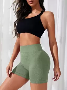 Easithlete 纯色宽带腰运动短裤女士运动短裤、健身短裤、骑行短裤 - 綠色 - 查看 5