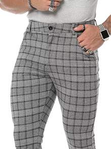 男士格紋斜口袋長褲 - 灰色 - 查看 3