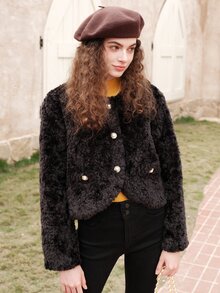 Abrigo con diseño de solapa de peluche - Negro - Ver 8