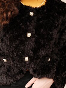 Abrigo con diseño de solapa de peluche - Negro - Ver 7