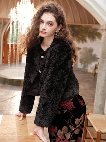 Abrigo con diseño de solapa de peluche - Negro - Ver 5