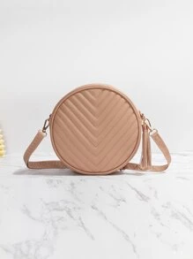 Bolso circular mini de cheurón guateado con diseño de fleco - Caqui - Ver 1
