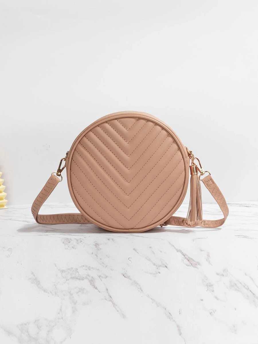 Bolso circular mini de cheurón guateado con diseño de fleco - Caqui - Ver 1