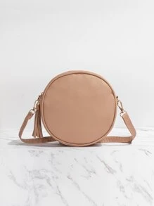 Bolso circular mini de cheurón guateado con diseño de fleco - Caqui - Ver 2