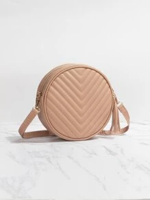 Bolso circular mini de cheurón guateado con diseño de fleco - Caqui - Ver 3