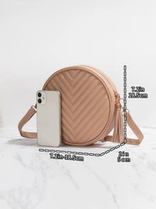 Bolso circular mini de cheurón guateado con diseño de fleco - Caqui - Ver 4