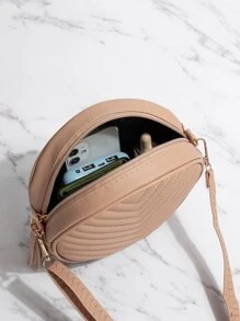 Bolso circular mini de cheurón guateado con diseño de fleco - Caqui - Ver 5