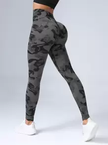 Yoga Trendy 迷彩印花瑜伽打底褲羅紋競技褲襪 - 深灰色 - 查看 1