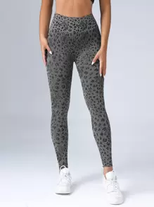 豹紋和蝴蝶圖案瑜伽打底褲無縫寬腰帶競技褲襪 - 深灰色 - 查看 4