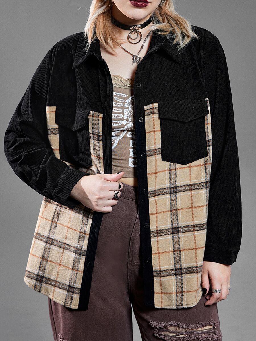 SHEIN LUNE 大碼格紋翻蓋口袋外套