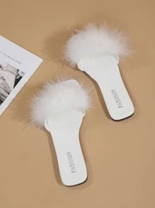 女士露趾毛茸茸單帶魅力四射素色戶外平底涼鞋 - 白色 - 查看 2