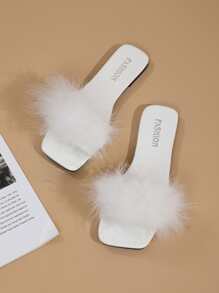 女士露趾毛茸茸單帶魅力四射素色戶外平底涼鞋 - 白色 - 查看 3