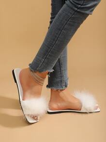 女士露趾毛茸茸單帶魅力四射素色戶外平底涼鞋 - 白色 - 查看 6