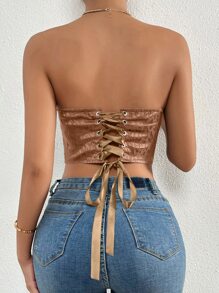SHEIN Privé Leopard Jacquard Lace Up Back Bustier Tube Top - Khaki - View 2