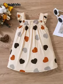 Vestido De Bebé Para Niña Con Estampado De Corazones Y Detalles De Volantes En El Dobladillo - Beis - Ver 1