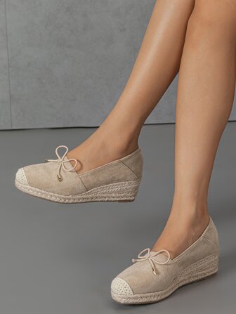 蝴蝶結裝飾編織仿麂皮楔形淺口鞋