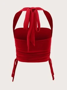 SHEIN Privé Tie Backless Drawstring Side Crop Halter Top - Red - View 6