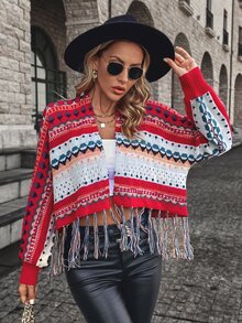 Elegant Chic Bohemian Knit Cardigan For Women, Geometric Pattern Long Sleeve Tassel Design, Cozy Casual Top For Spring And Autumn Winter, Valentine's Day Gift Back To School Fall Women Clothes Autumn Winter,Suitable For Christmas, Thanksgiving, And New Year - Red - View 5