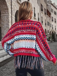 Elegant Chic Bohemian Knit Cardigan For Women, Geometric Pattern Long Sleeve Tassel Design, Cozy Casual Top For Spring And Autumn Winter, Valentine's Day Gift Back To School Fall Women Clothes Autumn Winter,Suitable For Christmas, Thanksgiving, And New Year - Red - View 2
