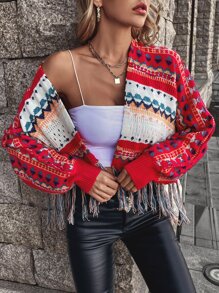Elegant Chic Bohemian Knit Cardigan For Women, Geometric Pattern Long Sleeve Tassel Design, Cozy Casual Top For Spring And Autumn Winter, Valentine's Day Gift Back To School Fall Women Clothes Autumn Winter,Suitable For Christmas, Thanksgiving, And New Year - Red - View 1