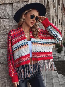 Elegant Chic Bohemian Knit Cardigan For Women, Geometric Pattern Long Sleeve Tassel Design, Cozy Casual Top For Spring And Autumn Winter, Valentine's Day Gift Back To School Fall Women Clothes Autumn Winter,Suitable For Christmas, Thanksgiving, And New Year - Red - View 6