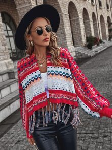 Elegant Chic Bohemian Knit Cardigan For Women, Geometric Pattern Long Sleeve Tassel Design, Cozy Casual Top For Spring And Autumn Winter, Valentine's Day Gift Back To School Fall Women Clothes Autumn Winter,Suitable For Christmas, Thanksgiving, And New Year - Red - View 4